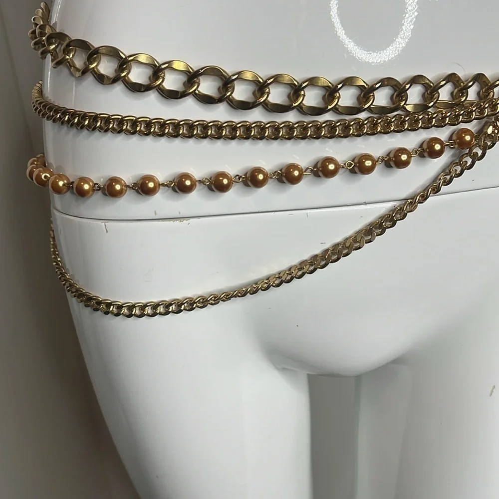 Gold Chain and Rose Pearl Drop Four Strand Adjustable Chain Belt